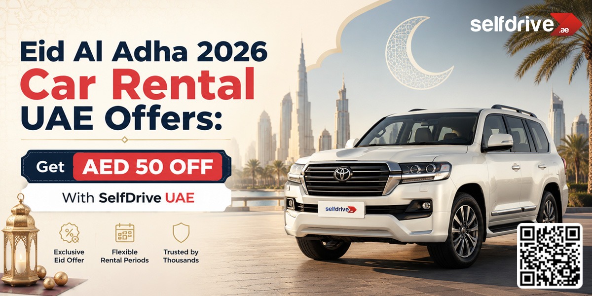 Eid Al Adha 2026 car rental ad featuring a white SUV, Dubai skyline, crescent moon, and AED 50 discount. Keywords: flexible, exclusive, trusted.